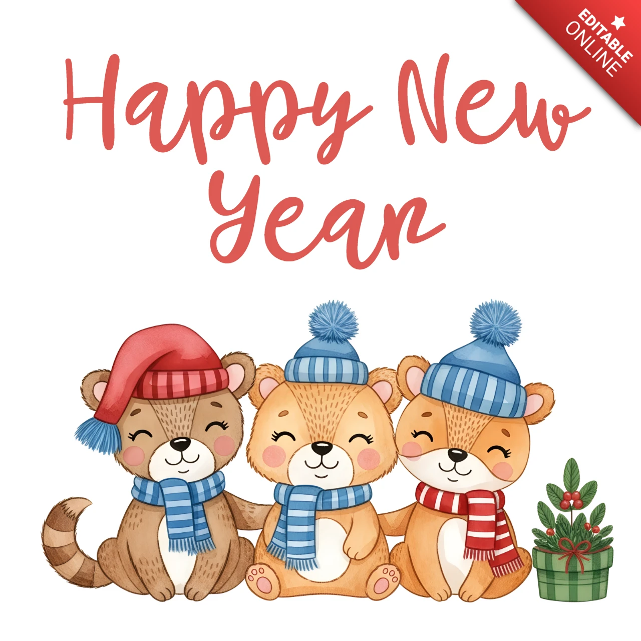 Modèle de carte de vœux pour la nouvelle année avec des personnages d'animaux mignons.