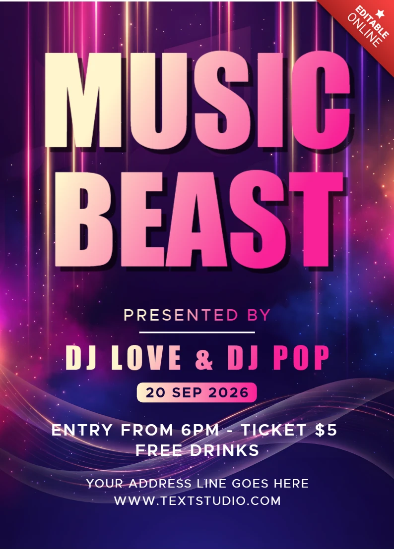Plantilla de volante para evento de fiesta de música neón con tipografía en degradado rosa vibrante, promoción de noche de DJ y fondo abstracto brillante
