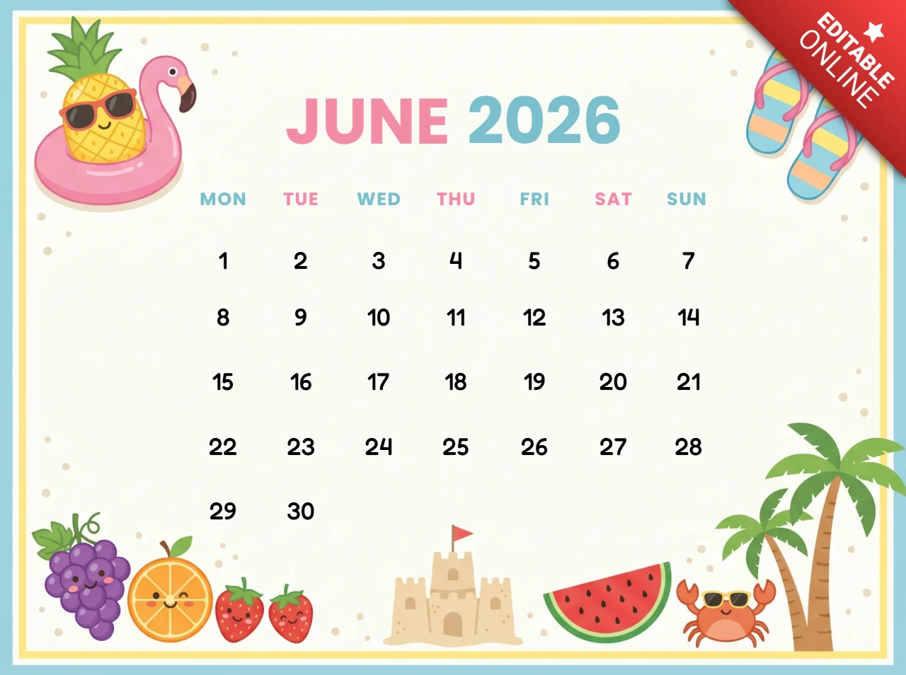 2026年6月のトロピカルサマーカレンダー、パイナップルフラミンゴフロート、ヤシの木、砂のお城