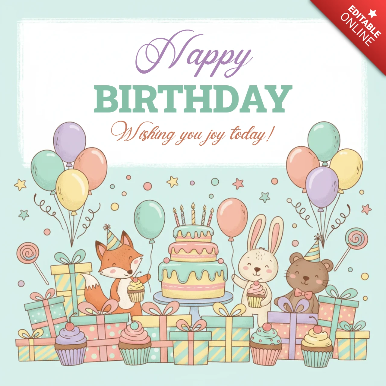 Cartaz de saudação de aniversário festa de animais fofos com raposa, coelho, urso, bolo, balões, presentes e tema de celebração alegre.