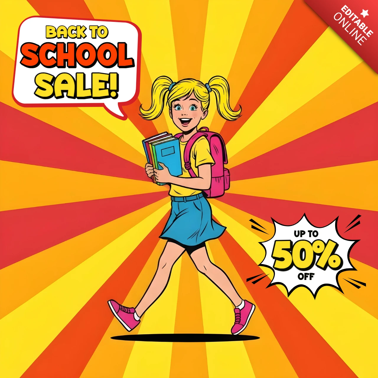 Striptekenaar schoolmeisje verkoop terug naar school scène met boeken & tijdelijke promotiebanner ontwerp sjabloon voor promotionele flyers