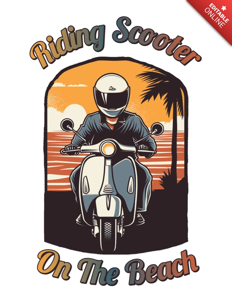Diseño de camiseta de montar en patinete al atardecer en la playa, libertad y ambiente costero.
