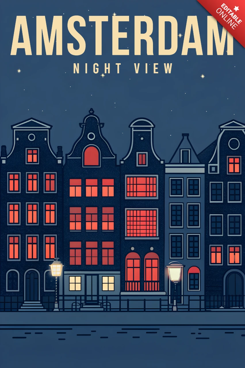 Template de design de vue nocturne d'Amsterdam pour des produits dérivés et des impressions d'affiches