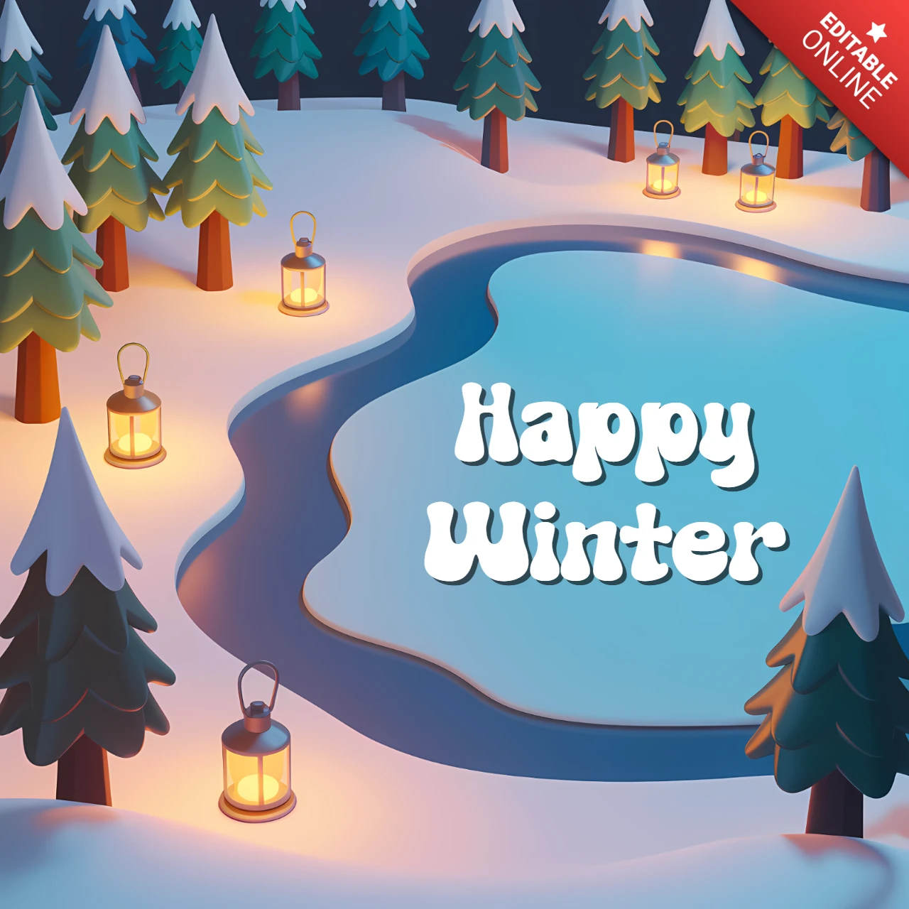 Winterwunderland-Designvorlage mit Bäumen und Laternen für Grußkarten