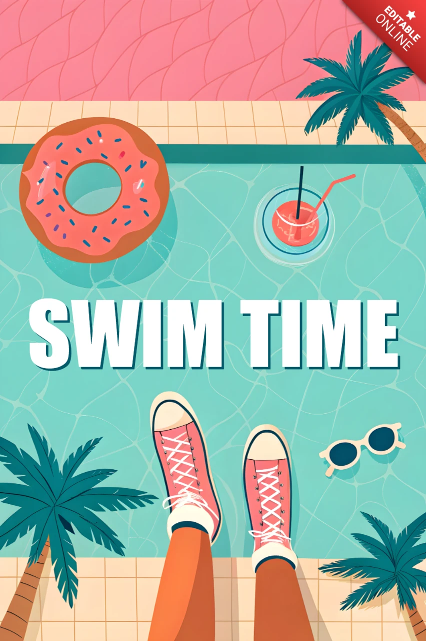 Summer Vibes Swim Time Template with Pool and Tropical Elements for Posters
