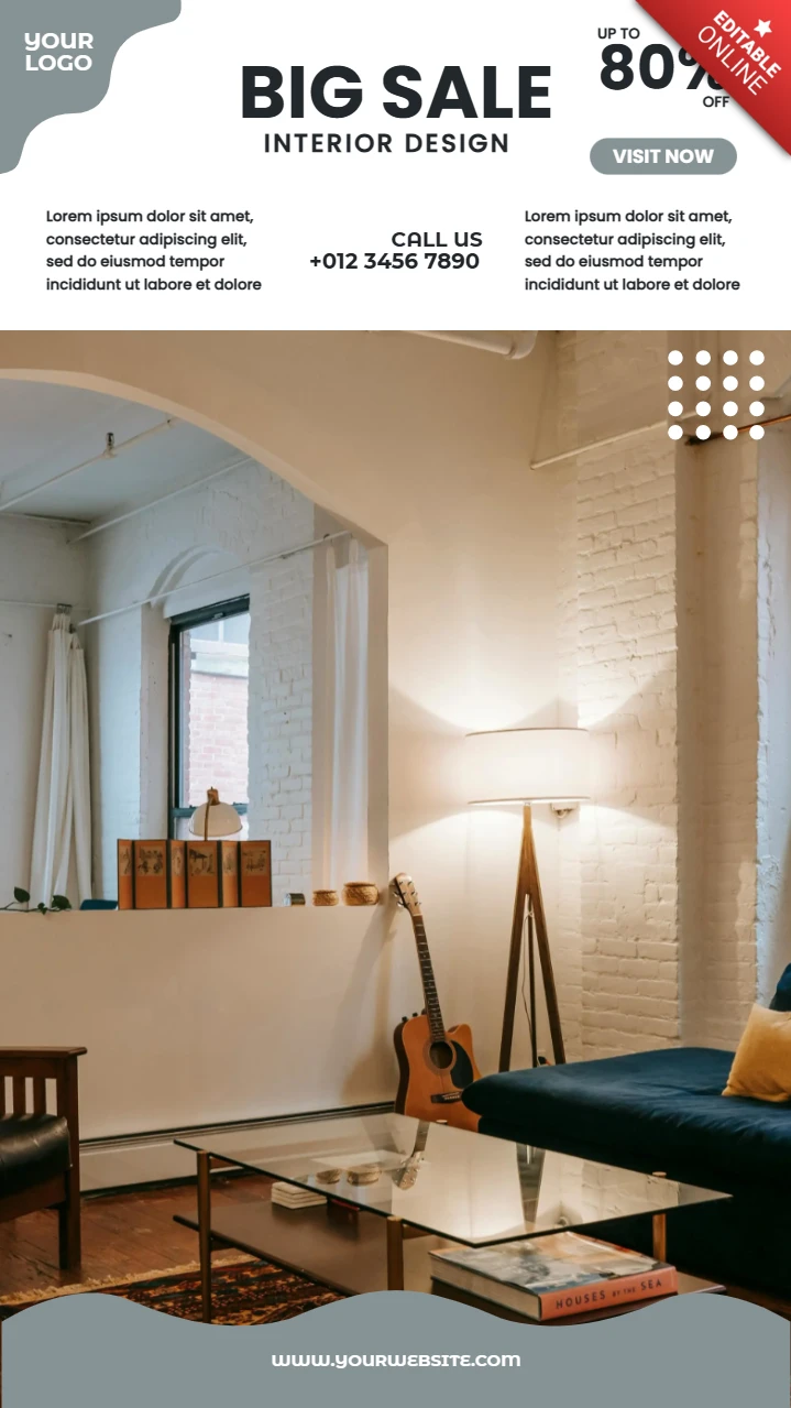 Modernes Innendesign-Vorlage für Werbeflyer mit gemütlichen Wohnzimmer-Elementen