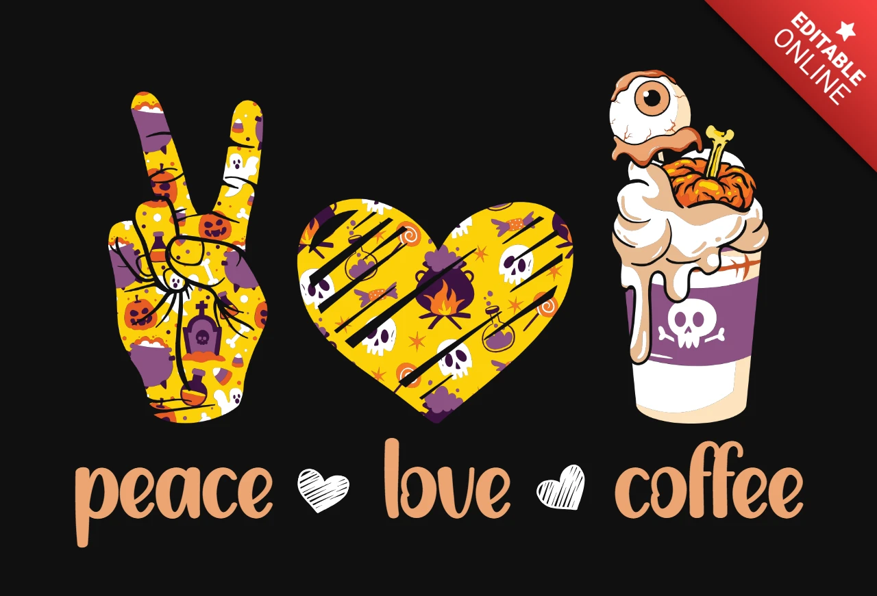 Frieden liebe kaffee halloween t-shirt design vorlage