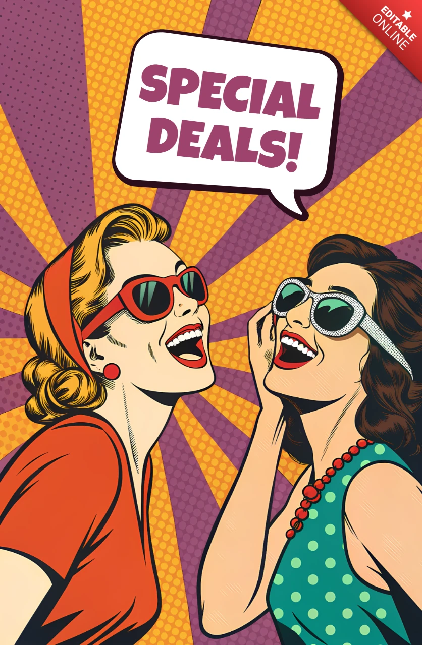 Retro Pop Art Template for Promotional Flyers Featuring Stylish Women and Special Deals