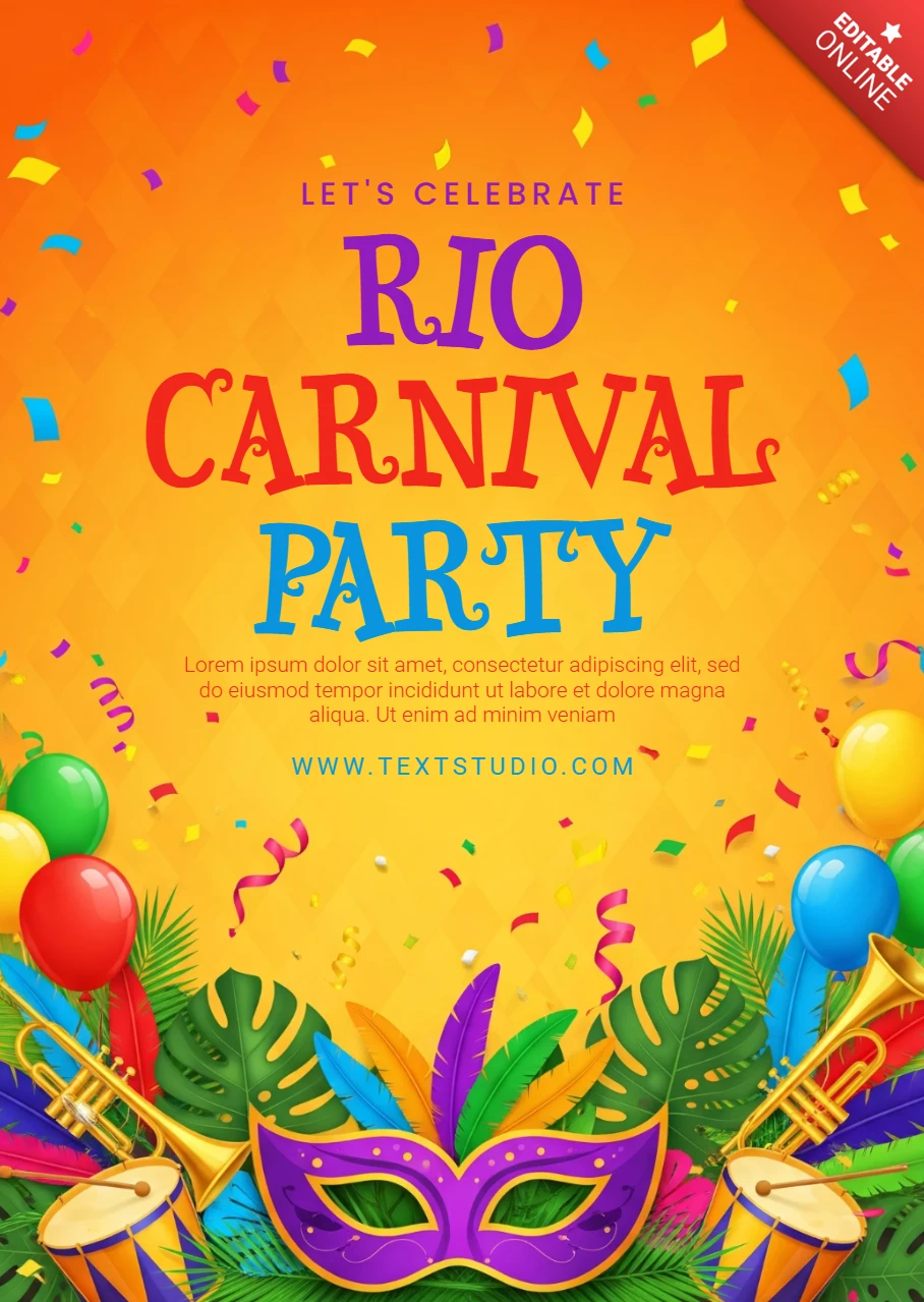 Vibrant Carnival Poster Colorful Decorations Featuring Musical Instruments, Party Elements & Festive Mask for Rio Celebration