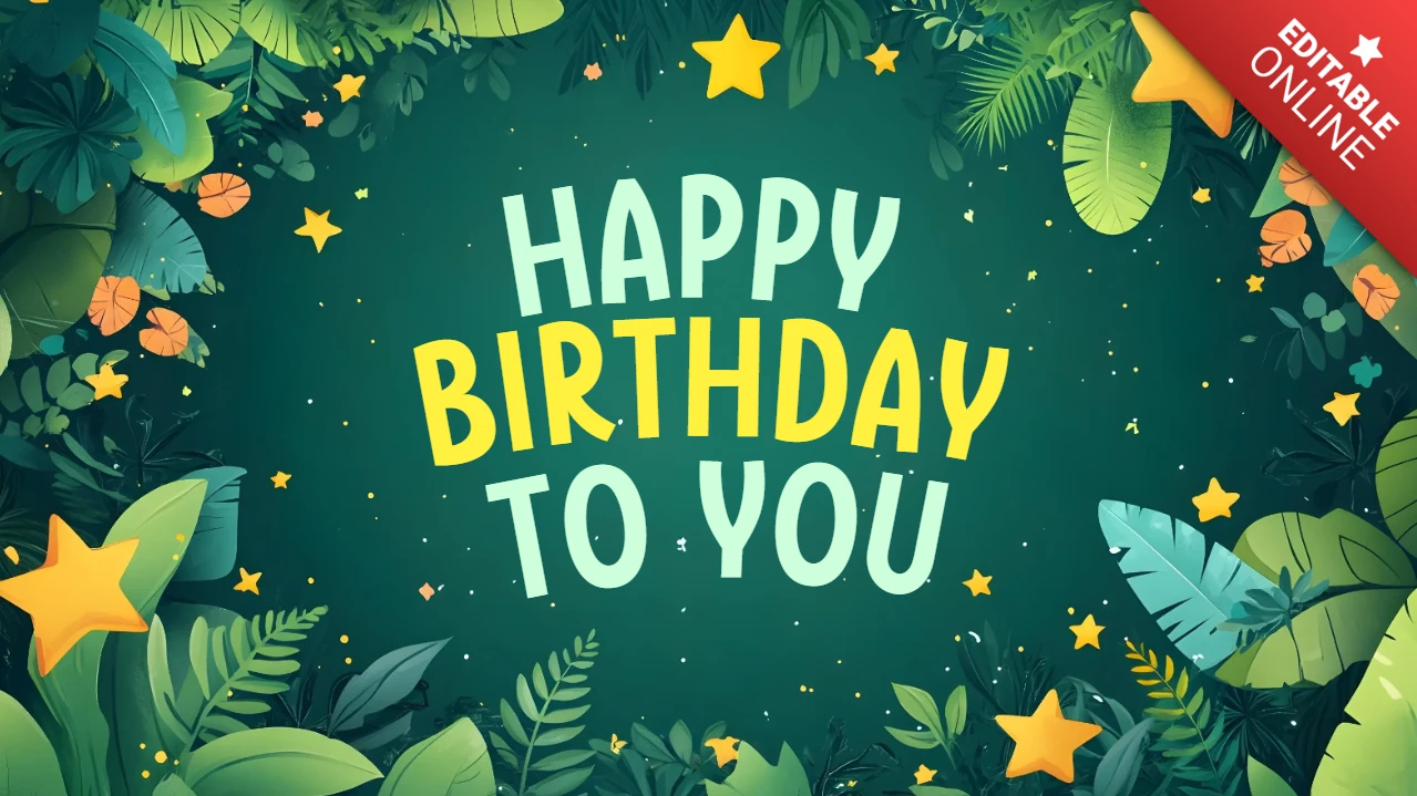 Plantilla de tarjeta de feliz cumpleaños con estrellas del bosque verde