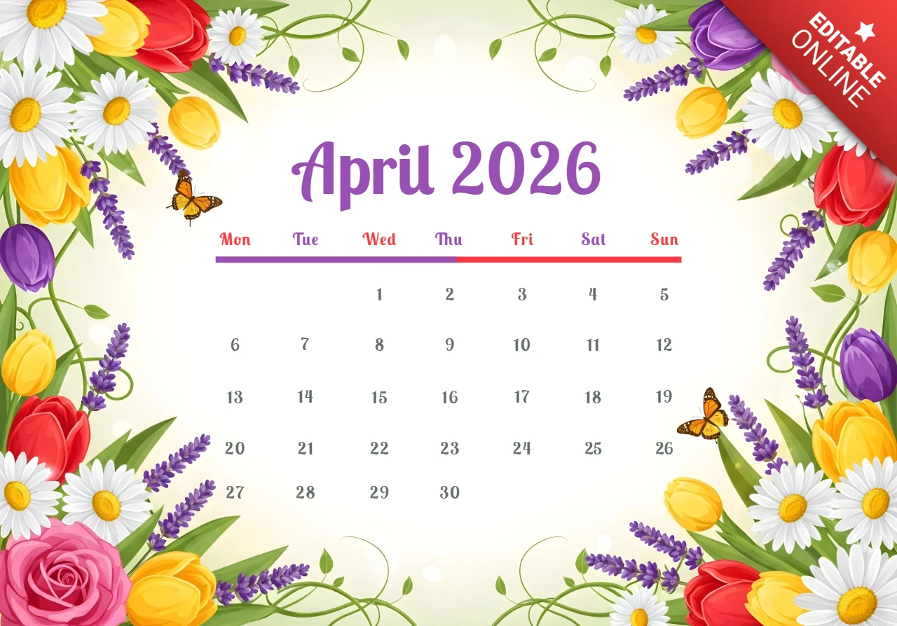 April 2026 Kalenderplakat — Tulpen, Gänseblümchen, Rosen, Lavendel, Schmetterlinge und dekoratives florales Kalendendesign