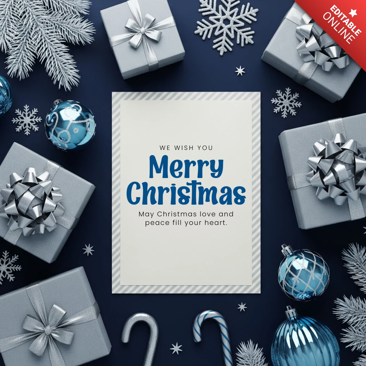 Tarjeta de temporada navideña elegante con guirnalda y regalos rodeados de copos de nieve, diseño de feliz navidad y deseos alegres.