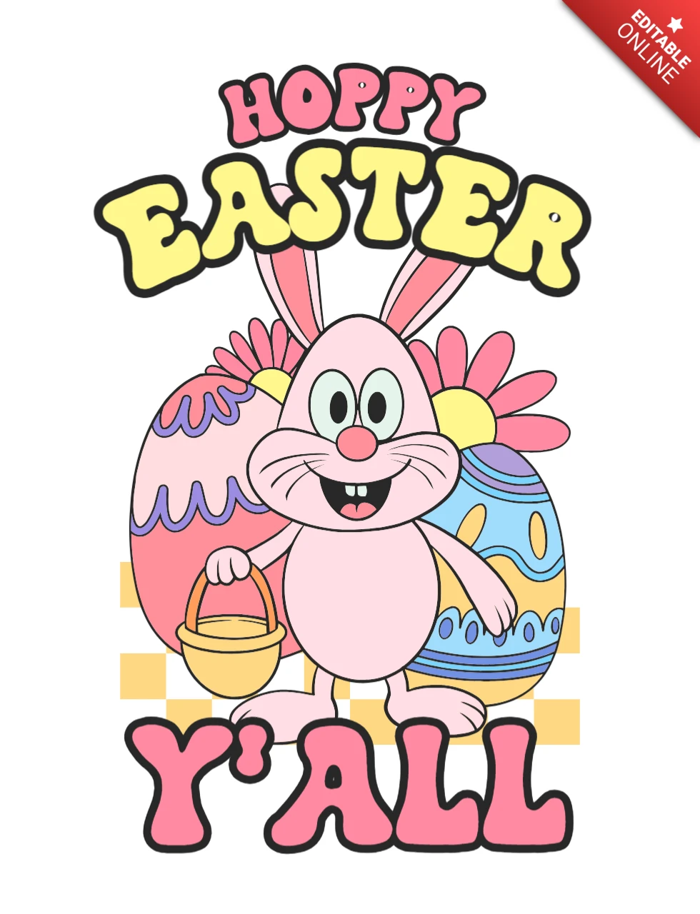 Felices Pascuas a todos, diseño de camiseta de conejito rosa con cesta, huevos y flores.