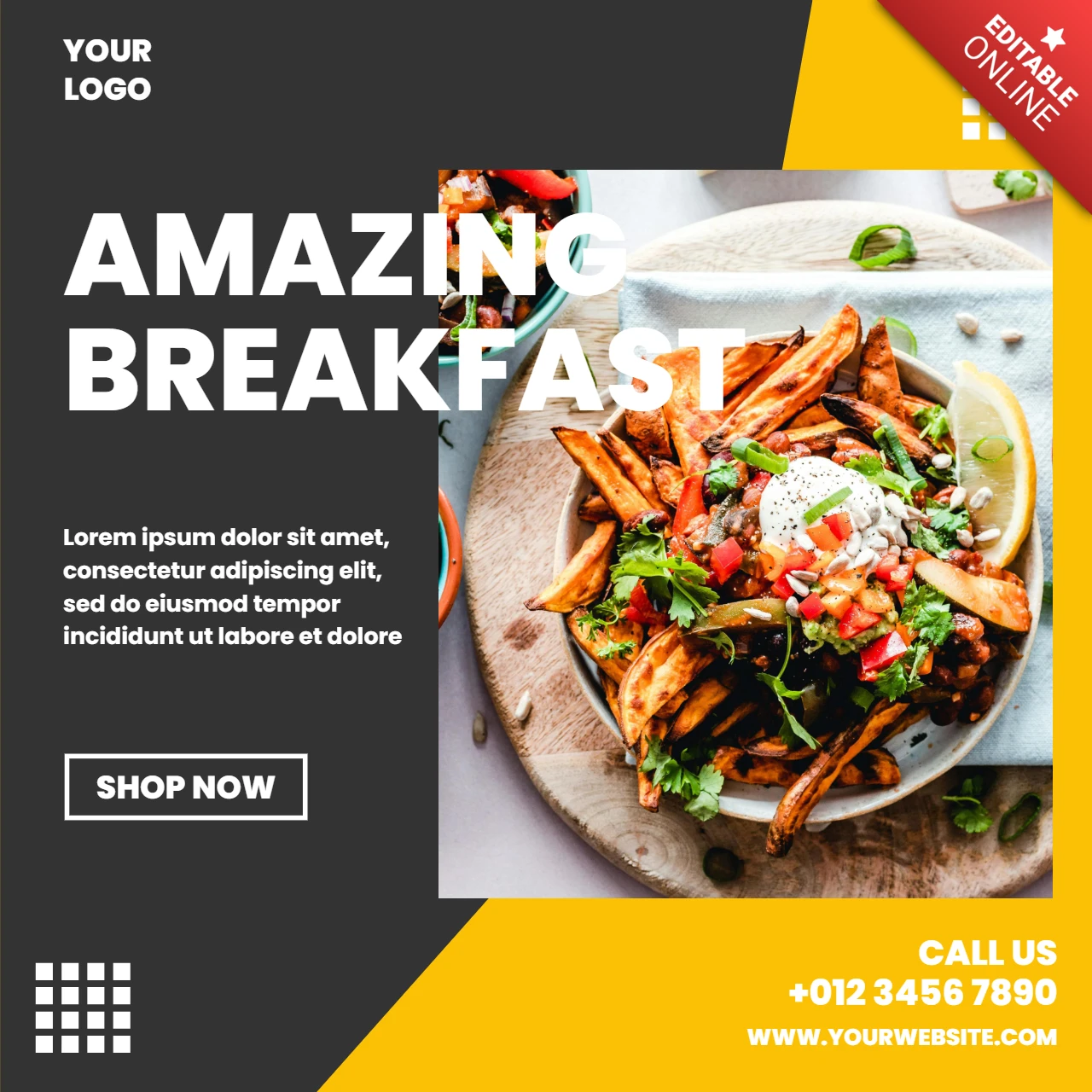 Zweifarbig gelb grau restaurant instagram post design Vorlage