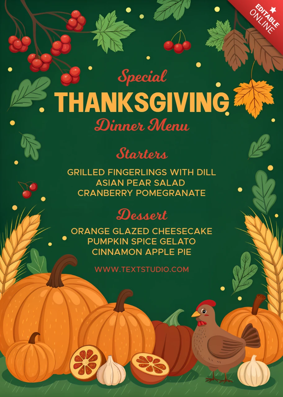Modèle de conception de menu de dîner de Thanksgiving avec des citrouilles et des éléments d'automne pour les célébrations d'automne.