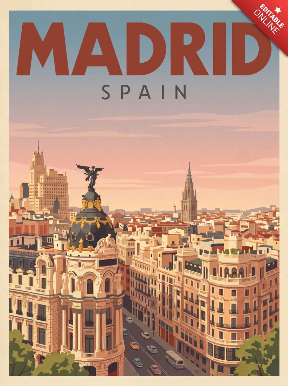 Vintage Retro Spain Travel Wall Art Print Madrid Sunset Poster Scenic Metropolis Dome Statue Historic Architecture Landscape