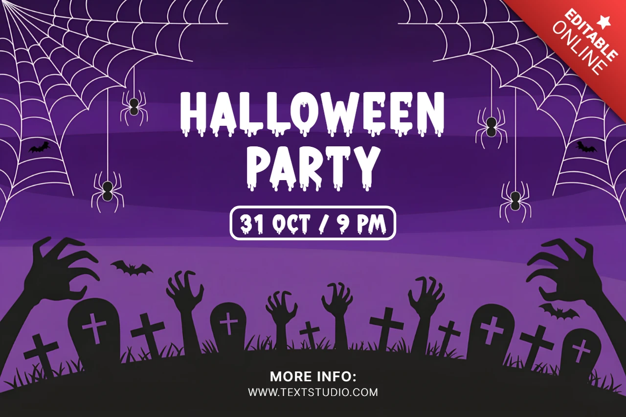 Spooky lila Halloween-Einladungsvorlage mit Friedhof und Spinnweben