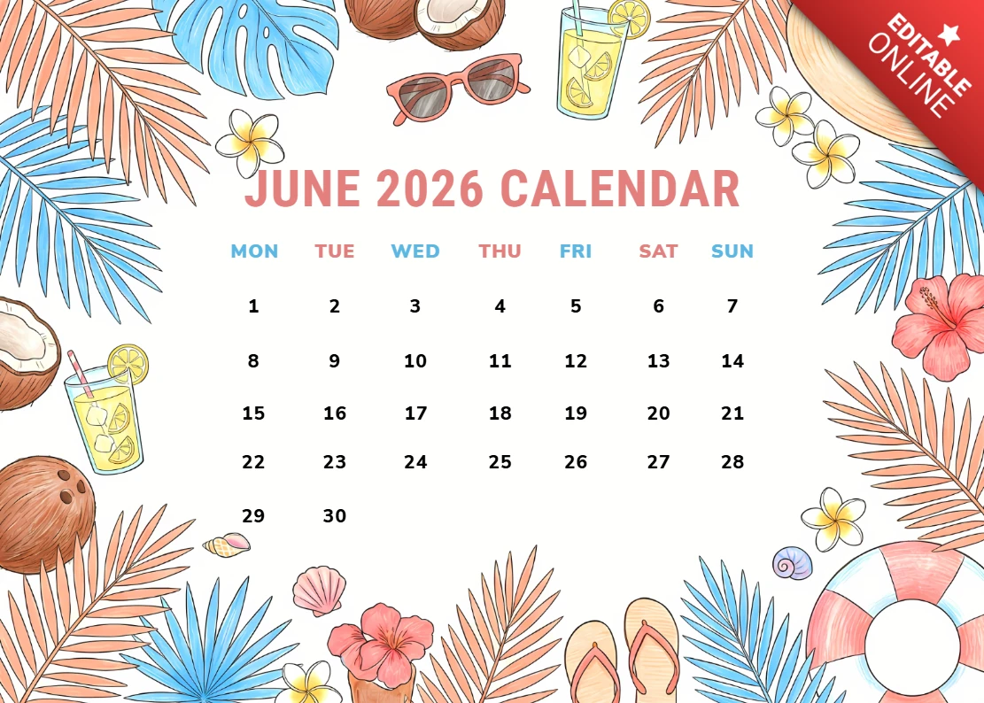 June 2026 Tropical Summer Vacation Monthly Calendar Template