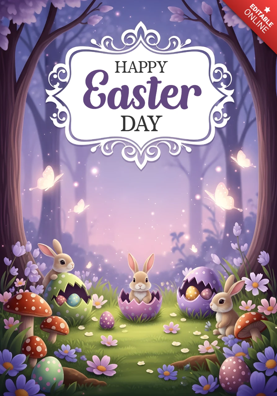 Pôster de dia de Páscoa feliz com coelhos, ovo decorado, cogumelos, borboletas e ilustração decorativa de feriado alegre.