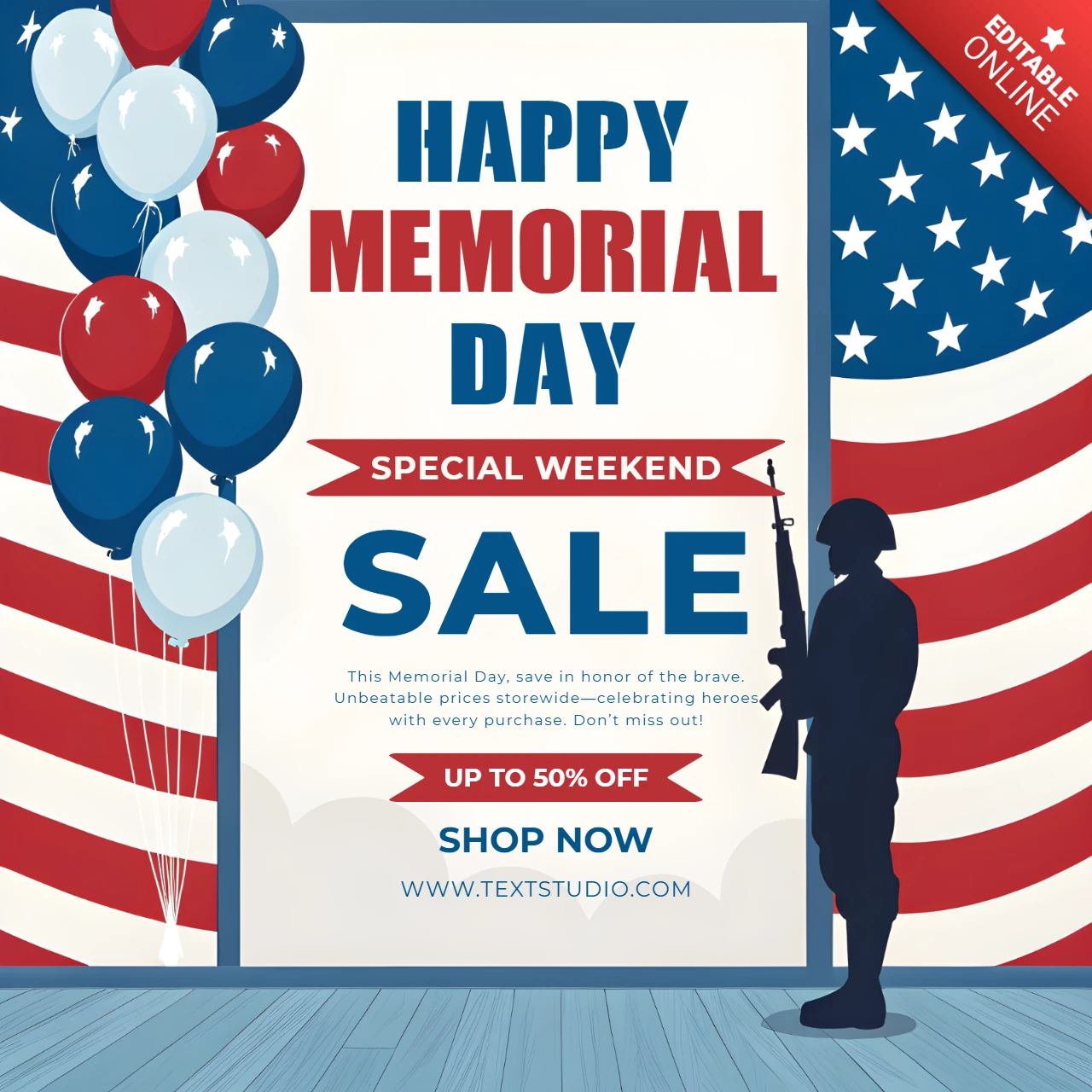 Memorial Day Sale Template - Patriotic Design with Balloons and Soldier Silhouette
