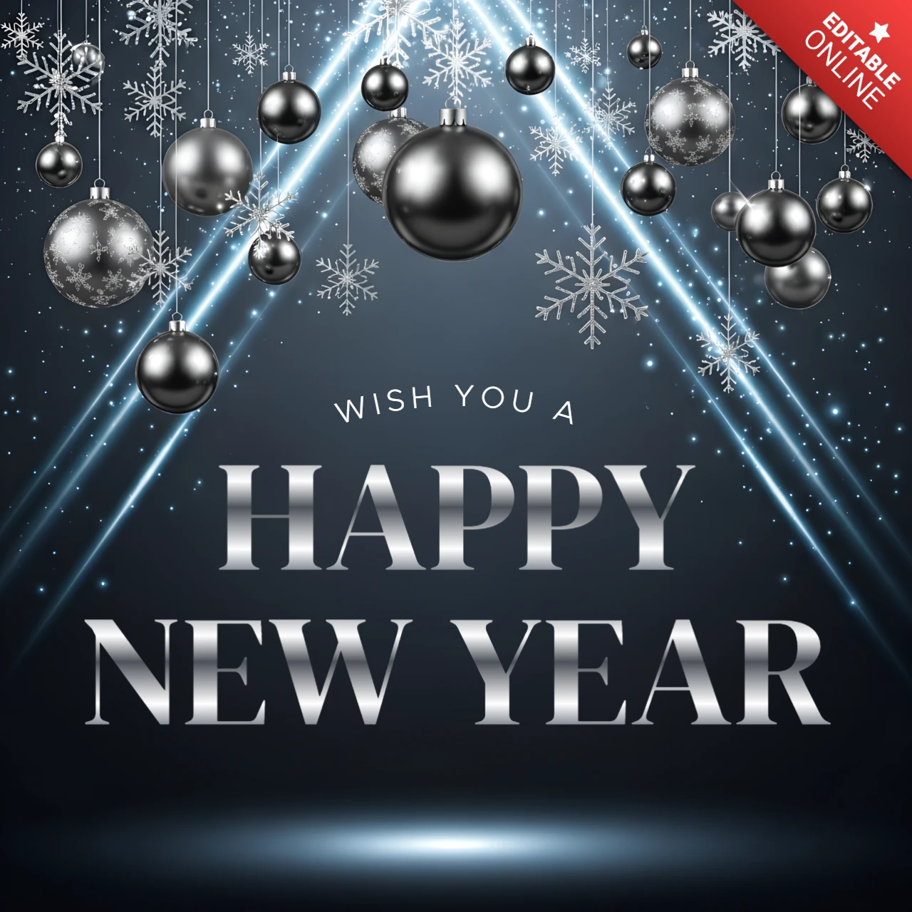 New Year Celebration Design Template with Silver Ornaments and Snowflakes for Festive Greeting Cards