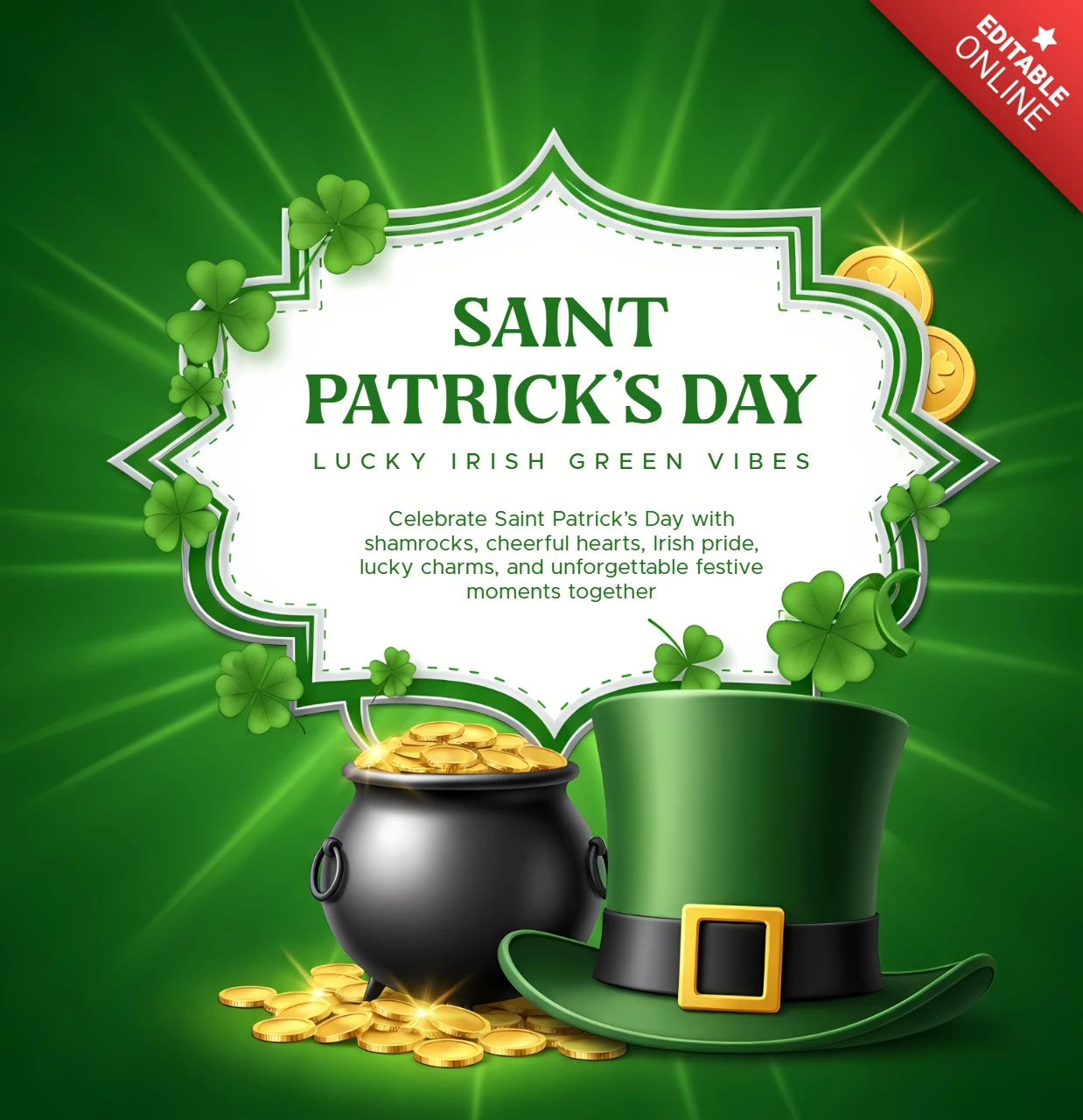 Saint Patrick's Day Design Template with Shamrocks and Leprechaun Hat for Festive Greeting Cards
