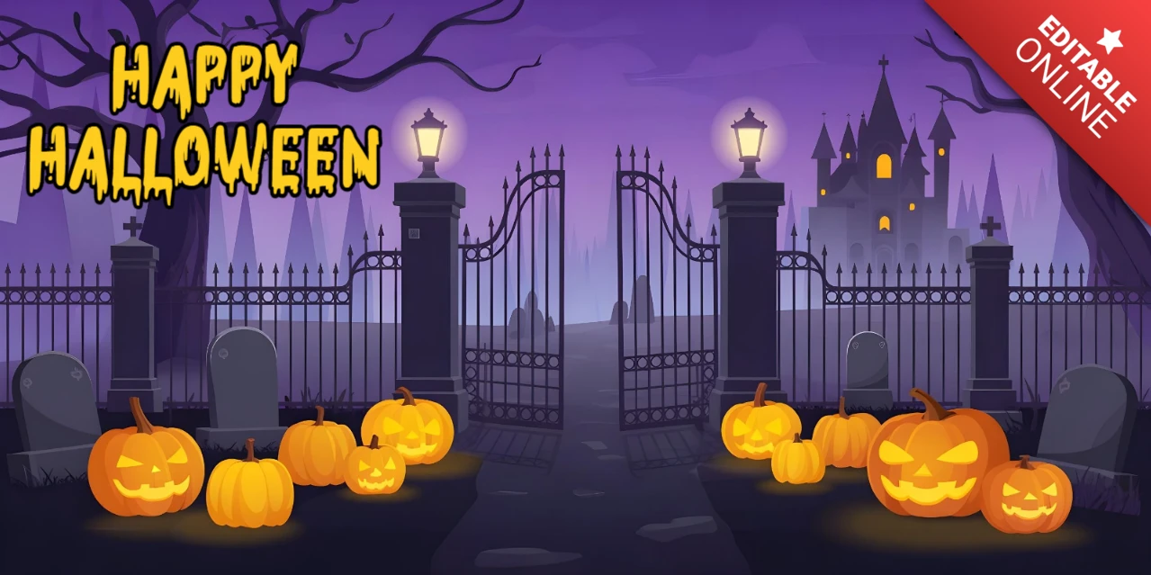 Haunted Graveyard Halloween Glowing Pumpkins & Spooky Castle Facebook Cover Design Template