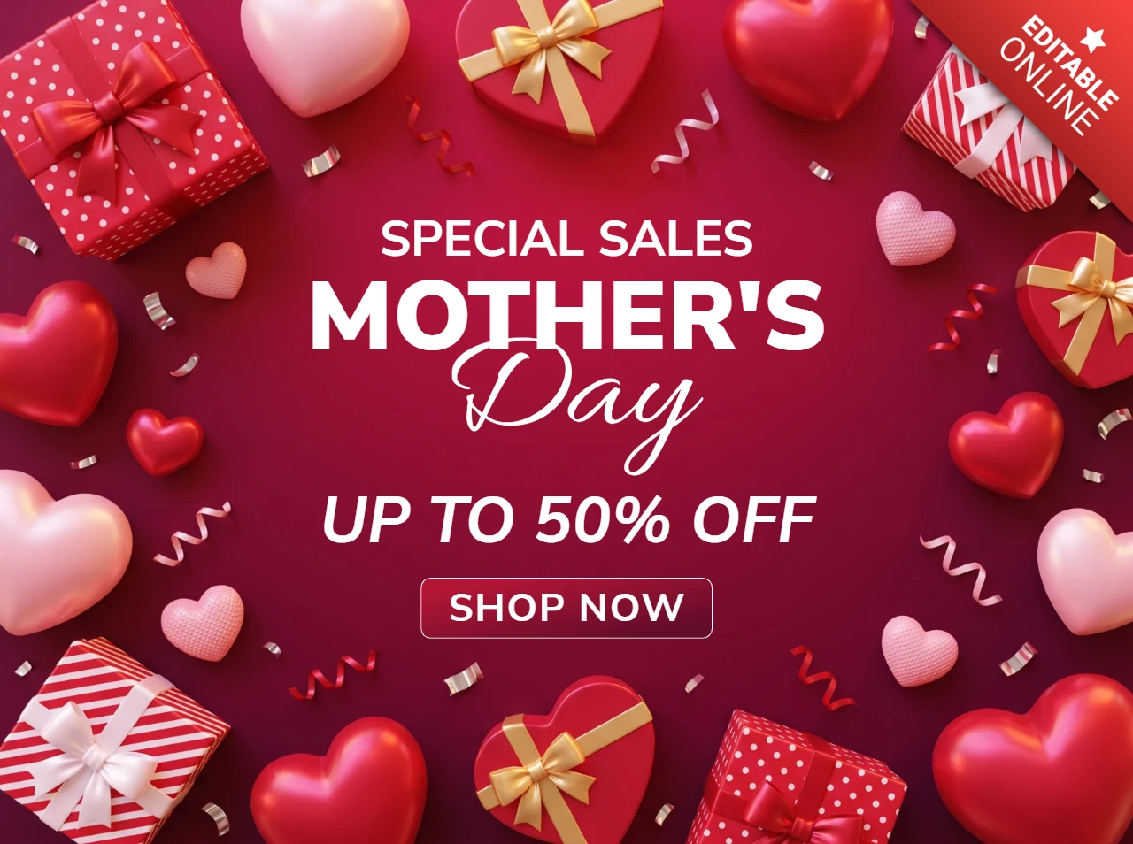 Plantilla de diseño para venta del Día de la Madre con regalos y corazones para volantes promocionales