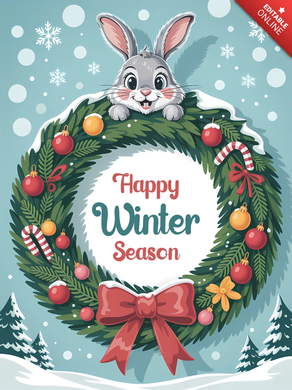 Winter Season Wreath Design Template with Cute Bunny for Holiday Cards