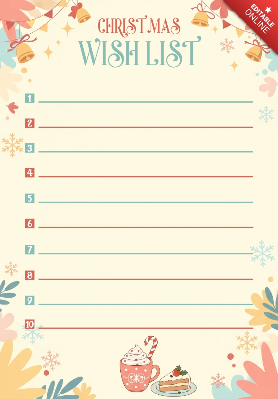 Modello di lista dei desideri di Natale con design festivo, campane, fiocchi di neve e illustrazione di dolci per la pianificazione delle festività