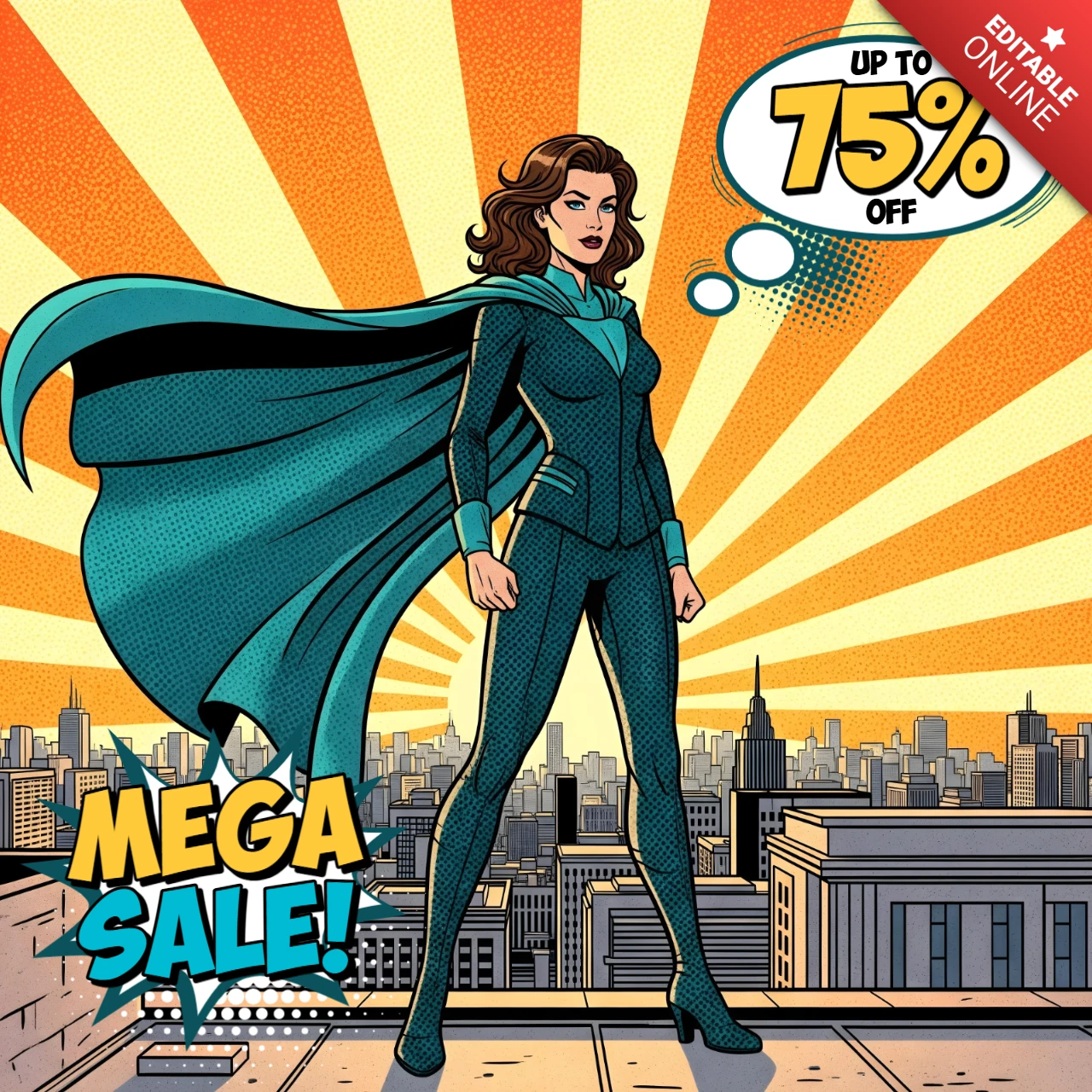 Escena de azotea urbana de superhéroe de cómic con oferta por tiempo limitado y diseño de rayos audaces para folletos promocionales.