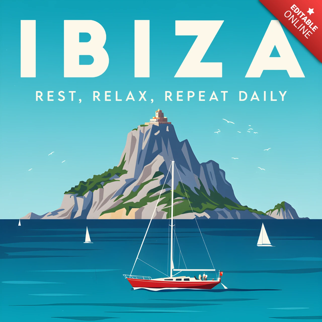 Retro Flat Ibiza Travel Poster Template with Sailboat for Wall Art and Souvenirs