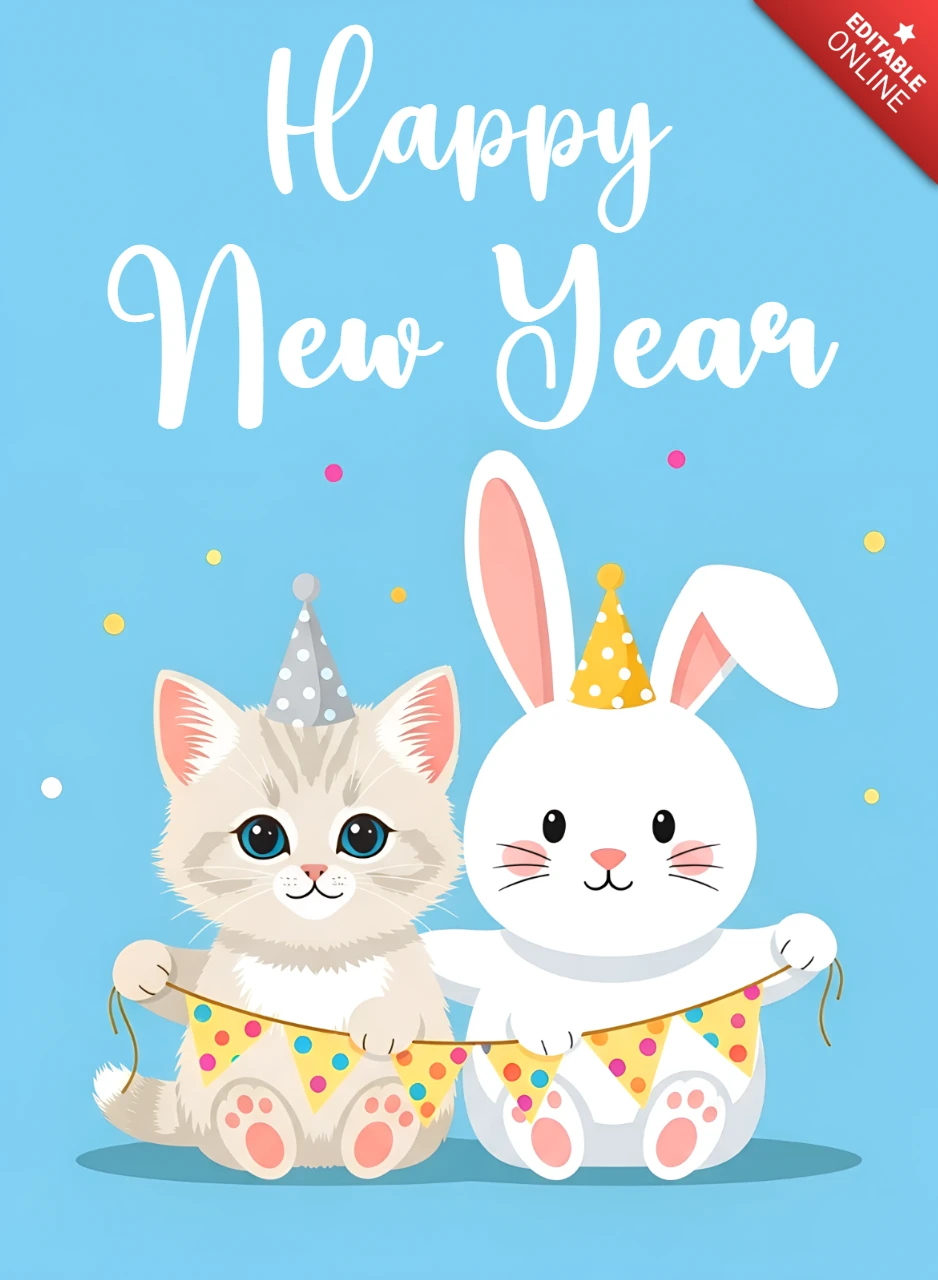 Neujahrsdesignvorlage mit süßer Katze und Kaninchen für Grußkarte
