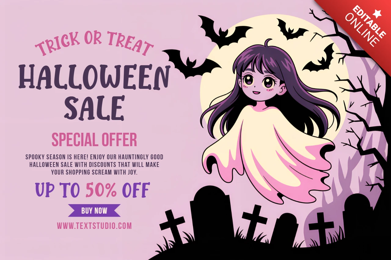Modelo de venda de Halloween assustador com design de fantasma chibi fofo para panfletos