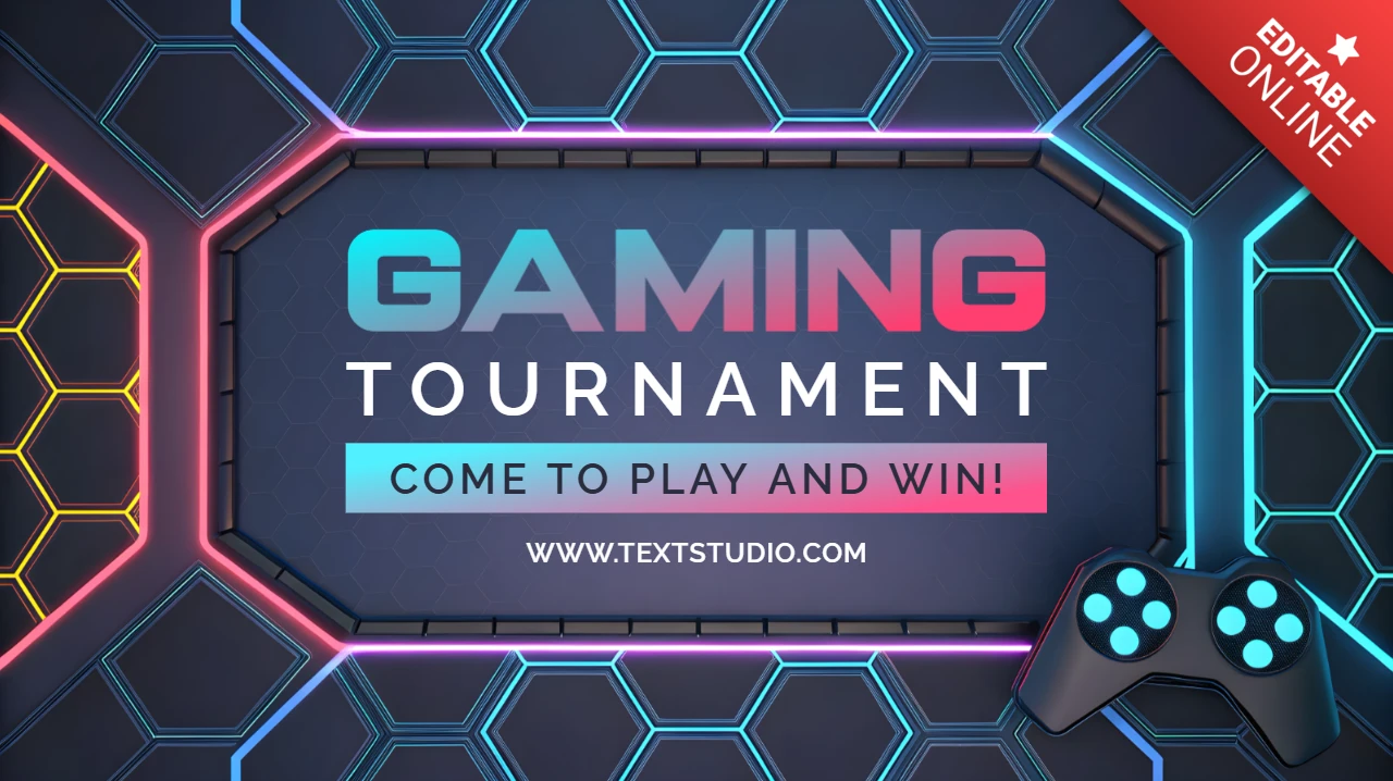 Modelo de design de torneio de jogos com fundo hexagonal neon e controle.