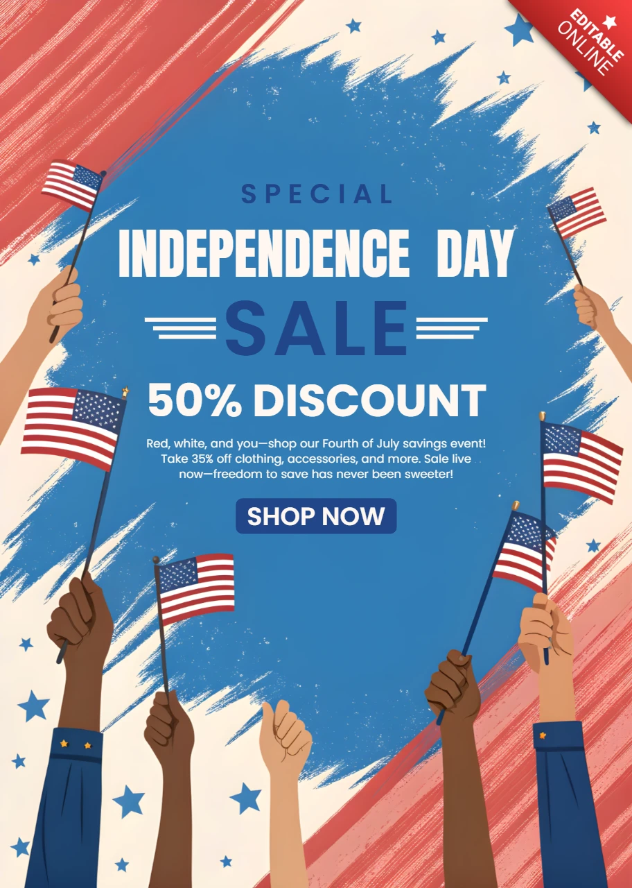 Onafhankelijkheidsdag verkoopontwerp sjabloon met handen die Amerikaanse vlaggen vasthouden