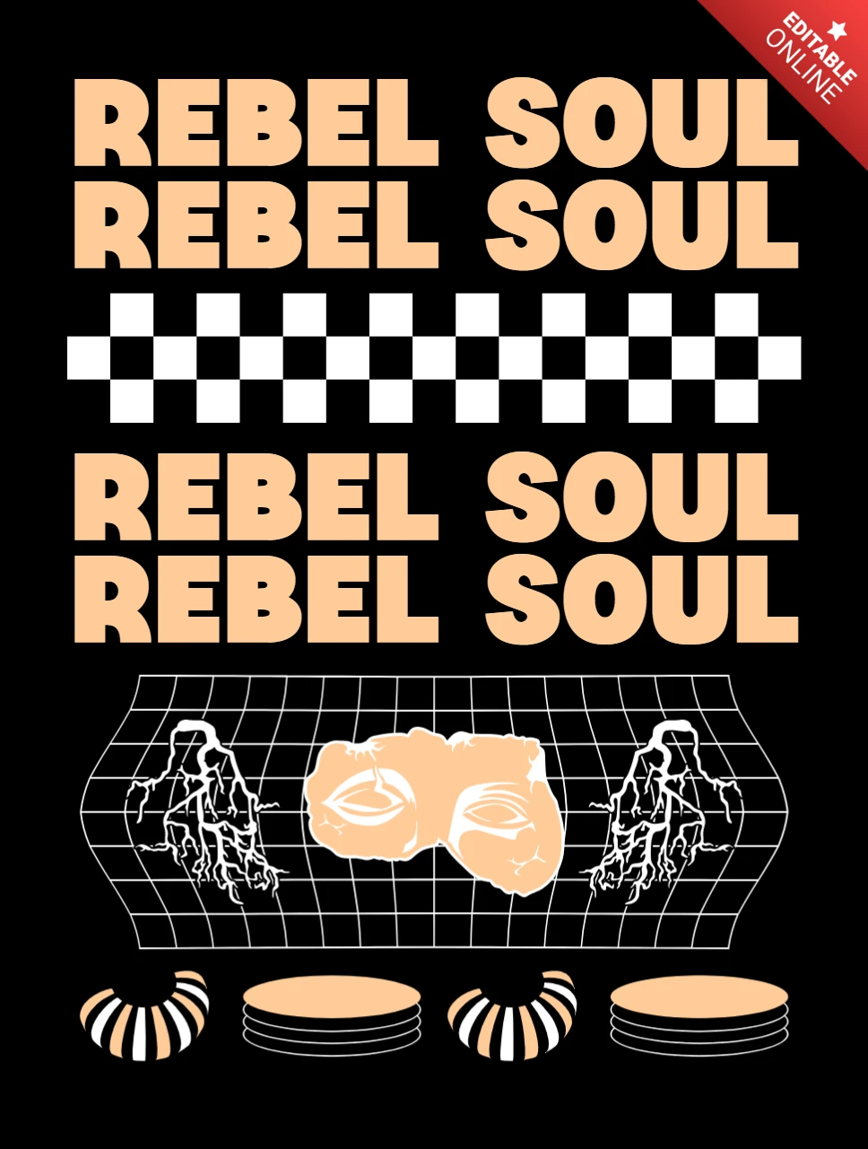 Plantilla de diseño gráfico de alma rebelde con tablero de ajedrez retro y elementos abstractos.