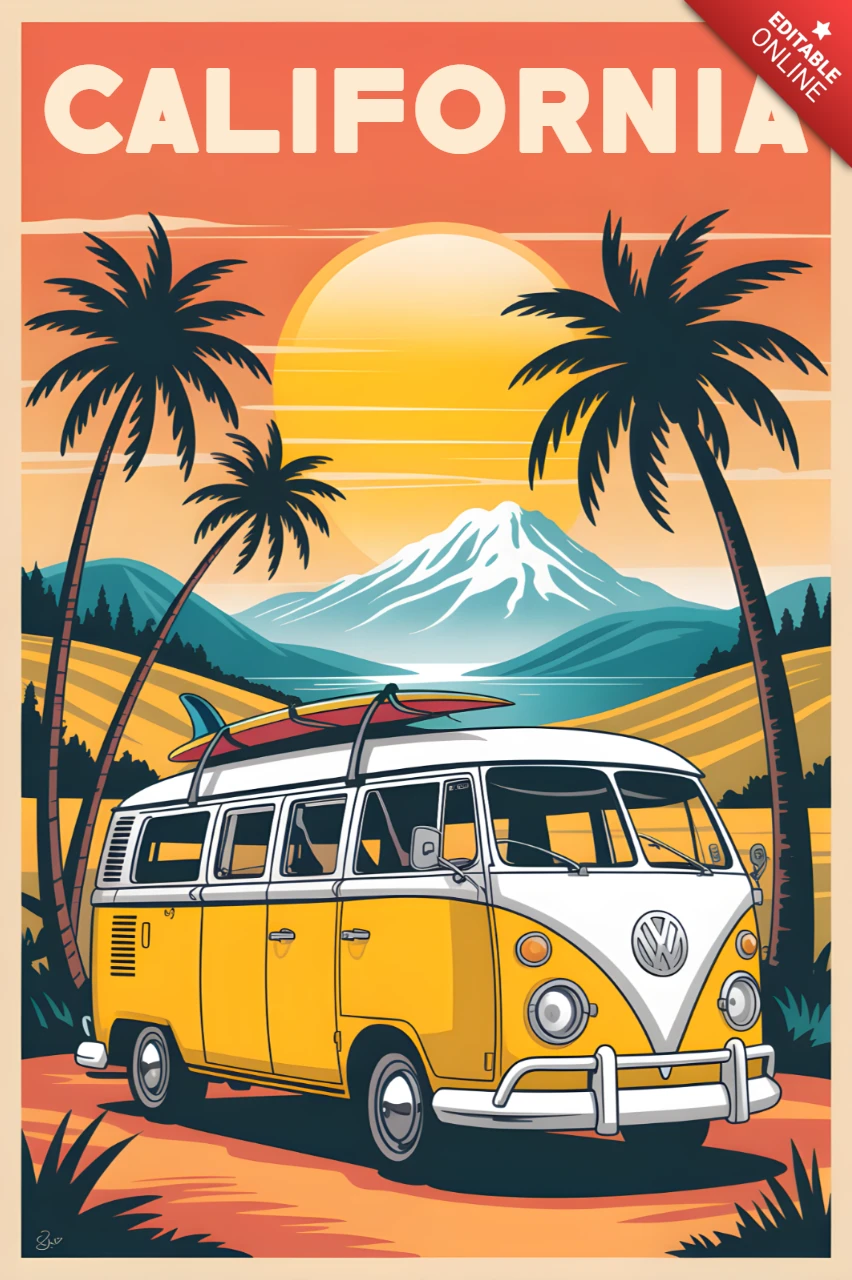 California Retro Van Design Template for Posters