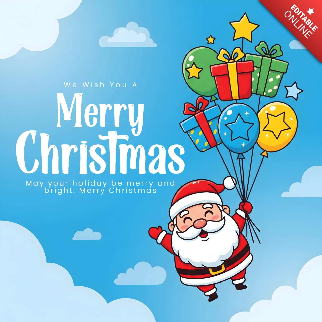 Affiche de vacances fantaisiste, le père Noël tenant des ballons étoilés dans une scène de ciel joyeux avec un modèle de design de vœux festifs.