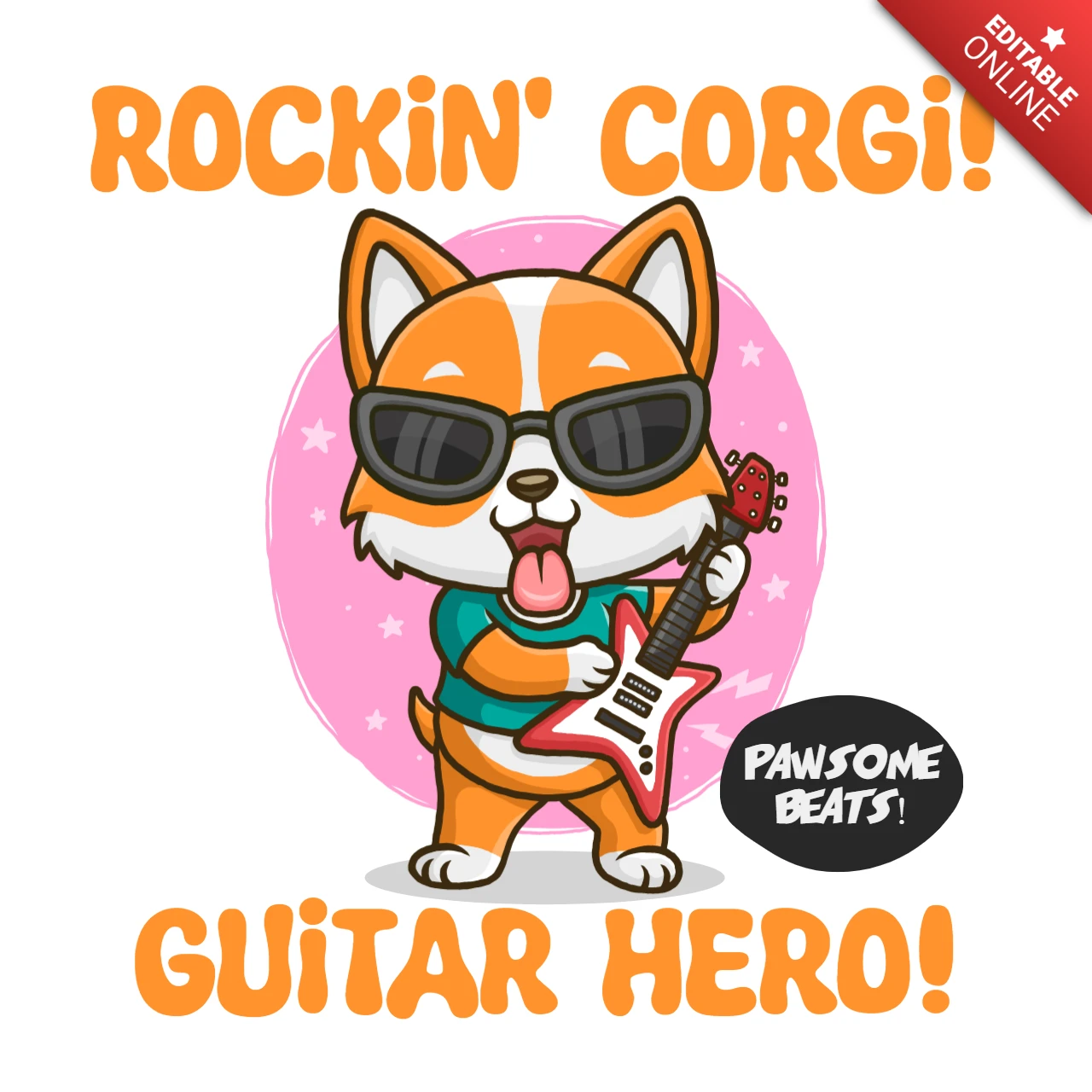 Rocking corgi guitar hero ontwerpsjabloon voor grappige kinderachtige merch