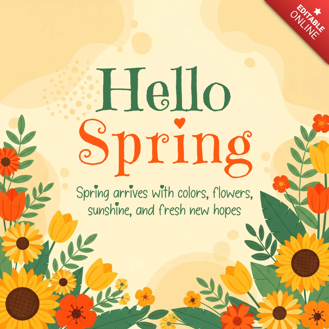 Spring Greeting Card Blossoms, Tulips, and Sunflowers with Fresh Seasonal Message