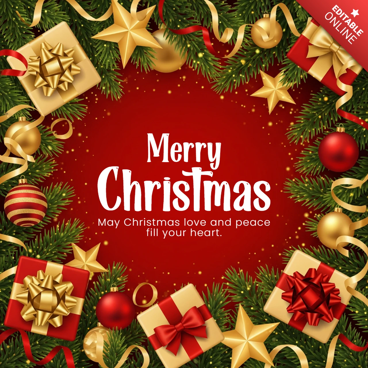 Merry Christmas Card Garland Border with Baubles, Candy Canes, and Gifts Surrounding Peaceful Holiday Wishes Design Template