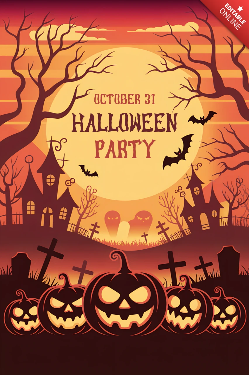 Plantilla de diseño de fiesta de Halloween espeluznante con calabazas y casa embrujada para volantes.