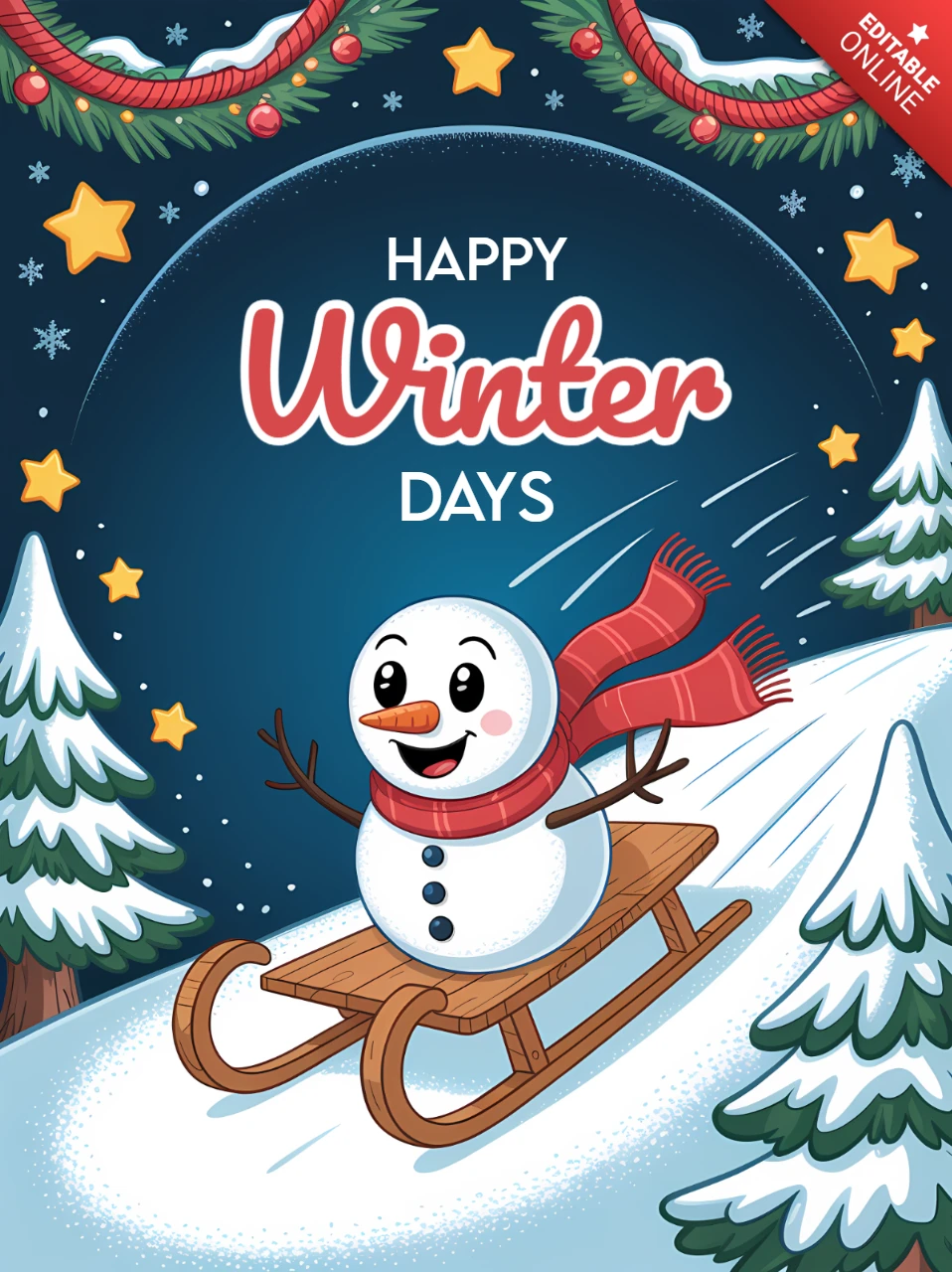 Winterwunderland-Designvorlage mit Schneemann, der für Weihnachtskarten rodeln geht.