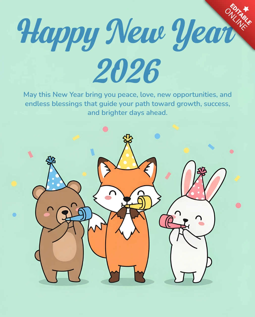 Happy New Year 2026 Design Template with Cute Animal Characters for Greeting Cards