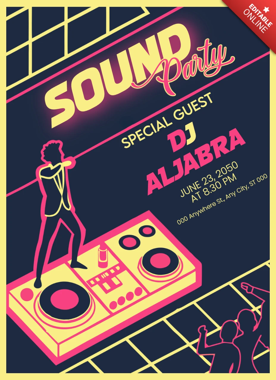 Neon retrowave plantilla de diseño de sonido de fiesta para eventos dj