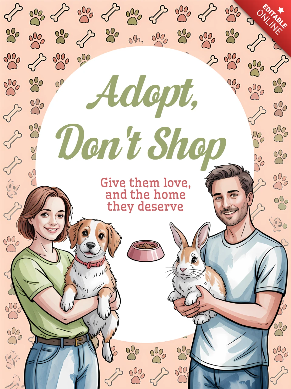 動物レスキューポスターのための「アダプト・ドント・ショップ」デザインテンプレート、ペットと愛情深い飼い主をフィーチャー