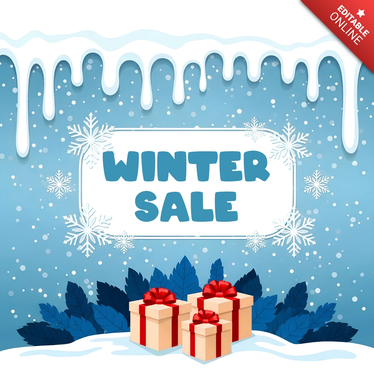 Wintersale-Designvorlage mit festlichen Geschenken und schneebedecktem Hintergrund für Werbeflyer