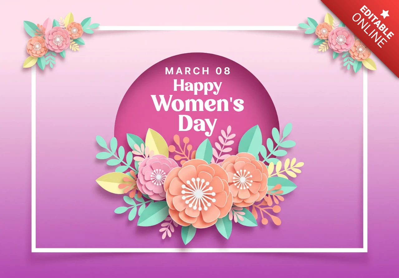 Women’s Day Celebration Poster Featuring Decorative Flowers, Circular Centerpiece, and Festive Pastel Theme