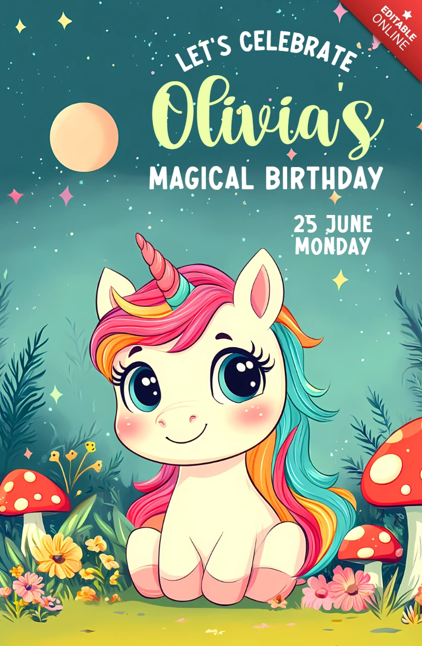 Diseño de plantilla de invitación de cumpleaños de unicornio mágico para olivia